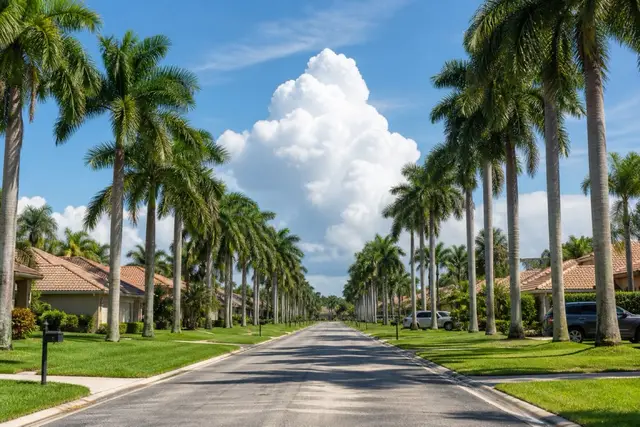 Straight Pembroke Pines avenue lined with royal palms and barrel-tile rooflines under towering afternoon clouds