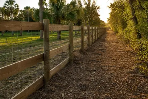 Freshly mulched corridor along a board-and-wire fence on a western Broward acreage parcel
