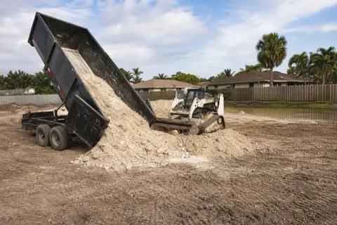 Dump trailer tipping pale fill at a low back corner on a cleared Pembroke Pines lot as a skid-steer spreads it