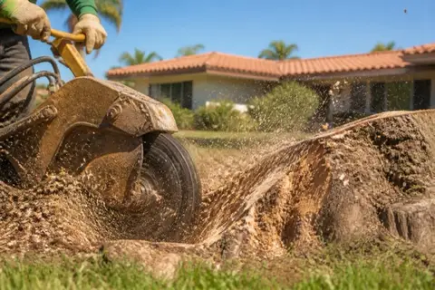 Stump grinder wheel cutting into a large ficus stump on a Pembroke Pines front swale